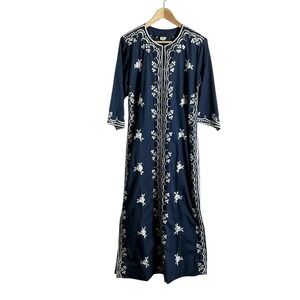 CARO OF‎ HONOLULU Vintage Embroidered Navy White  Kaftan Maxi Dress Size 12